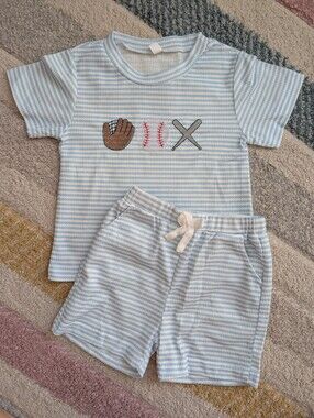 2-3 Year Toddler Boys Blue Striped Kid Matching Set w Baseball Embroidery Motif